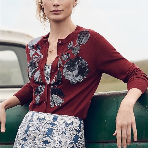 J. Crew Sweaters - J. Crew Burgundy Cardigan with Metallic Sequin Floral Detail